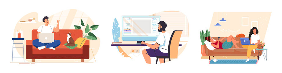 People working or studying remotely in comfortable conditions set vector flat illustration. Freelance people with laptops at home. Work or education online. Man and woman self employed concept.