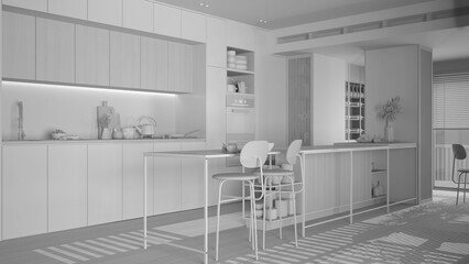 Total white project draft, kitchen in modern apartment, Island with stools, parquet. Oven, stove, sink and accessories, shelves with pottery. Contemporary interior design concept