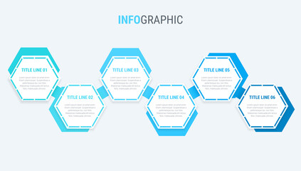 Blue diagram, infographic template. Timeline with 6 options. Honeycomb workflow process for business. Vector design.
