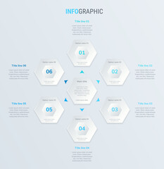 Blue vector infographics timeline design template with honeycomb elements. Content, schedule, timeline, diagram, workflow, business, infographic, flowchart. 6 options infographic.
