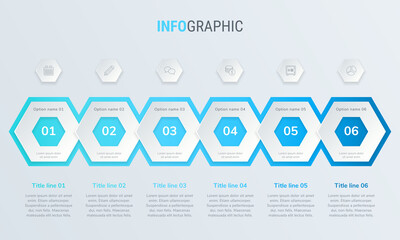 Abstract business honeycomb  infographic template with 6 steps. Blue diagram, timeline and schedule isolated on light background.

