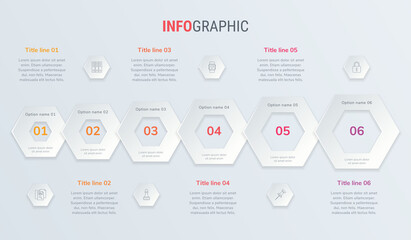 Red vector infographics timeline design template with honeycomb elements. Content, schedule, timeline, diagram, workflow, business, infographic, flowchart. 6 steps infographic.
