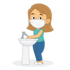 Woman character washing hands with antibacterial