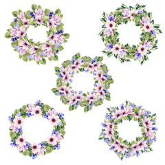 Watercolor pink magnolia and lavender wreaths, perfect to use on the web or in print