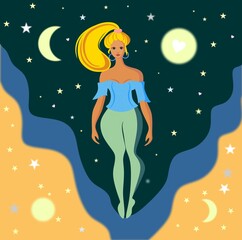 Girl, woman in full growth in flat style. Lush ponytail. hypertrophied limbs. Brunette, blonde in a corset and leggings. Hair band. Nature,stars, moon and sun. Curved lines background.