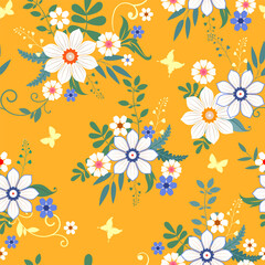 Floral seamless background. Various flowers on a yellow background.