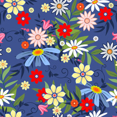 Vector illustration of a floral pattern. Flowers and grass on a blue background.