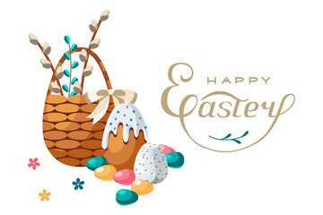 Easter holiday greeting card template with festive traditional design elements. Painted eggs, pussy willow branches, cake, paschal cottage cheese and handwritten wishes. Isolated white background.