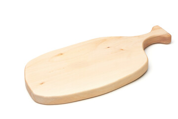 Wooden cutting board isolated on white background. Kitchen equipment for cooking.