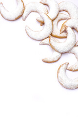 Traditional German or Austrian Vanillekipferl vanilla kipferl cookies isolated on white background