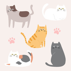 Hand drawn illustration collection of cute cats in various poses.