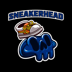 blue skull character with shoes on his head