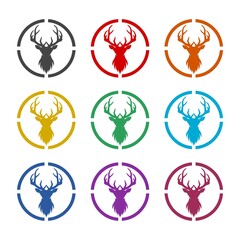 Hunt on deer with crosshairs icon or logo, color set