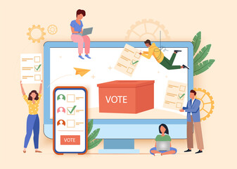 Online voting concept flat vector illustration. Computer screen with tiny people and voting box, voters making decisions. Modern electronic voting system for elections and government regulations.