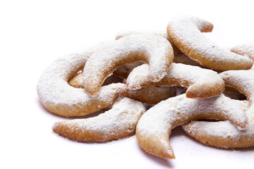 Traditional German or Austrian Vanillekipferl vanilla kipferl cookies isolated on white background