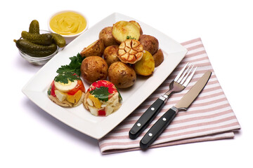 Portion of delicious chicken aspic and baked potato on a plate isolated on white background