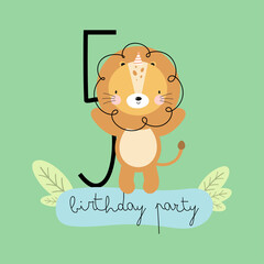 Birthday Party, Greeting Card, Party Invitation. Kids illustration with Cute Lion and an inscription five. Vector illustration in cartoon style.