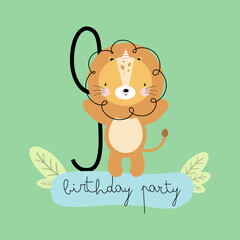 Birthday Party, Greeting Card, Party Invitation. Kids illustration with Cute Lion and an inscription nine. Vector illustration in cartoon style.