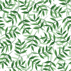 Branches with green leaves on a white background. Seamless pattern. Botanical watercolor illustration. For fabric, wrapping paper, textile, wallpaper.