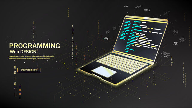 Software, web development, programming concept. Abstract programming language and program code on a laptop screen. Web development, coding, and programming. Vector illustration.