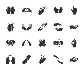 Vector set of hands flat icons. Contains icons applause, handshake, high five, helping hand, little bit, hand washing and more. Pixel perfect.