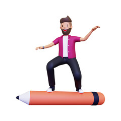Man Standing On Large Pencil. isolated on a white background. 3d illustration