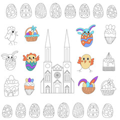 Happy Easter. Black and White Doodle  chicken, Church, spring flowers, basket with eggs,  Easter cake and painted  eggs. Coloring book for adults for relax and meditation. Vector isolated elements