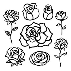 Simple Rose Outline. vector black white contour simple illustration of flower collection