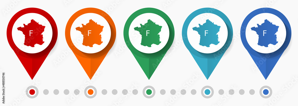 Poster france map concept vector icon set, flat design french pointers, infographic template easy to edit