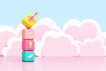Children online learning kids pastel colorful creative education or business success study time management idea imagination clock light bulb archery target pink clouds. clipping path. 3D Illustration.