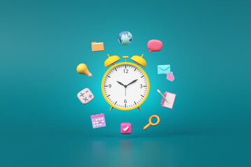 clock schedule timetable time management hour minute of business education startup day with kid cute light bulb calendar file folder email connect application smartphone online study. 3D illustration.