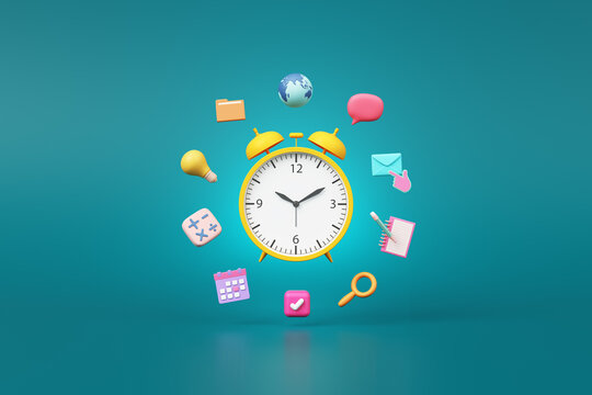clock schedule timetable time management hour minute of business education startup day with kid cute light bulb calendar file folder email connect application smartphone online study. 3D illustration.