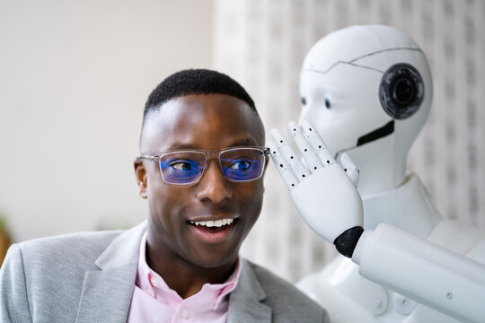 AI Cyborg Robot Whispering Secret Or Interesting Gossip