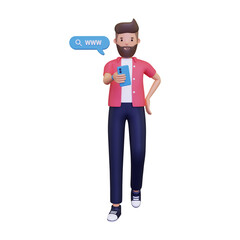 Boy browsing using smart phone. isolated on a white background. 3d illustration