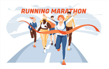Different people characters run to finish the marathon distance. The concept of a healthy lifestyle. Various races and big size athletes. Flat, cartoon vector.