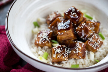 Fototapeta na wymiar Close-up of fried tofu cubes in teriyaki sauce served over white rice, selective focus