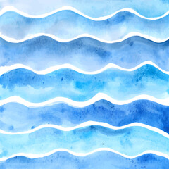 Fototapeta premium Blue and turquoise watercolor wavy lines pattern on a white background. Abstract ocean print. Hand-drawn waves background. Horizontal wave illustration. Teal backdrop. Wallpaper.