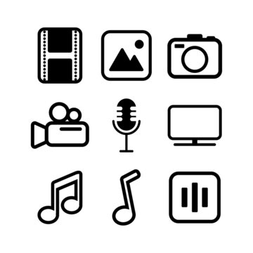 Black and white image and video icon set. Photography icons, pictures, photo gallery, video camera, sound recorder, mic and still camera. picture, photo gallery vector illustration.