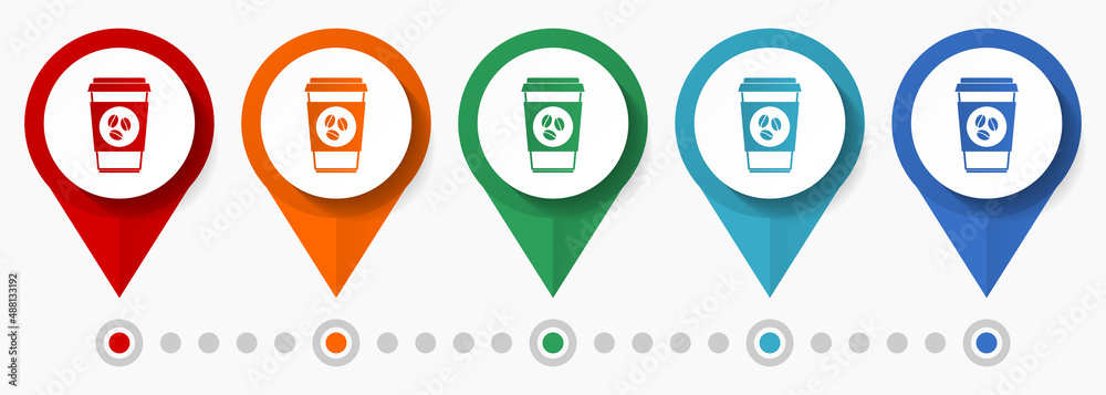 Poster cup of coffee concept vector icon set, flat design cafe pointers, infographic template easy to edit