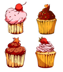 Illustration set of various cupcakes. Sweet food chocolate creamy cupcake set isolated sketch vector illustration
