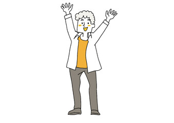 喜びを体現する男性　コミカルな手書きの人物イラスト　ベクター線画にシンプルな色つけ　白バック
