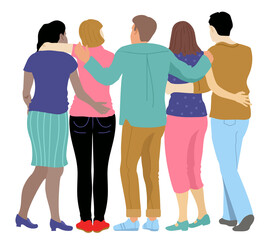 Fototapeta na wymiar Hugging backs. Group people hugs friends back view, embrace students team, friendship unity school together, family relationship teamwork. Diverse friends of a group of people hugging together vector