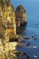 Panoramic view with Cliff, rocks and small beach at Ponta da Piedade near Lagos, Algarve, Portugal