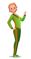 Little girl in tracksuit. Girl got ready for sports activities. Cheerful person. Standing pose. Cartoon comic style flat design. Single character. Illustration isolated on white background. Vector