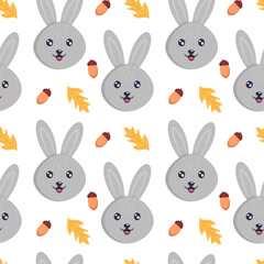 Cute rabbit  with acorns and leaves. Seamless pattern. Can be used for wallpaper, web page background fill, surface textures