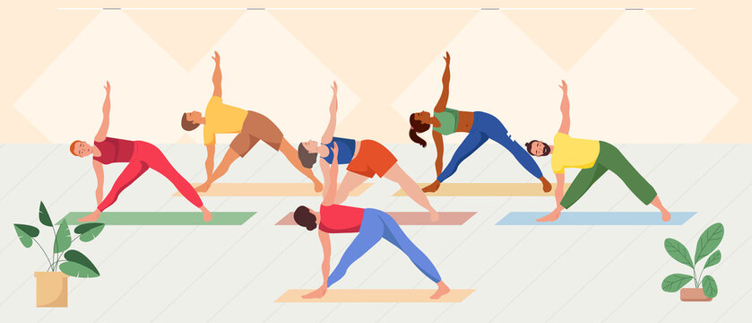 Group of active people exercising together at gym. Scene with men and women standing in asana during yoga fitness class with coach or teacher. Sport training concept. Colored flat vector illustration.
