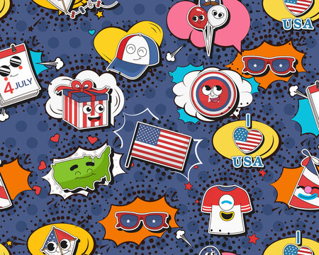 Vector flat seamless texture pattern Hand drawn flat trendy cartoon elements collection 4 Of July