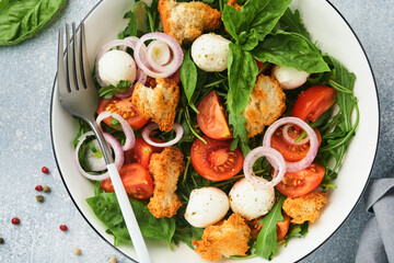 Panzanella, Italian Bread Salad. Traditional food of Italy with tomatoes, mozzarella balls, basil, onion and bread on light grey background. Traditional Italian cooking. Top view. Copy space.