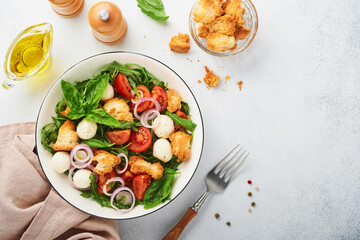 Panzanella Bread Salad. Traditional food of Italy with tomatoes, mozzarella balls, basil, onion and bread on light grey background. Traditional Italian cooking. Top view. Copy space.