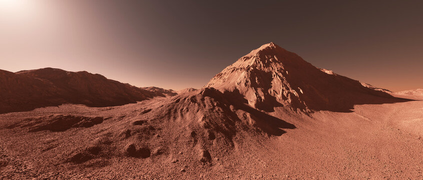Mars planet landscape scenery, 3d render of imaginary mars planet terrain, orange desert with mountains, realistic science fiction illustration.